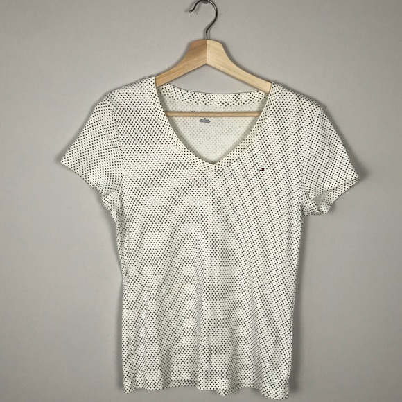 TOMMY HILFIGER White and Black Polka Dot Vneck Tee - Picture 1 of 4